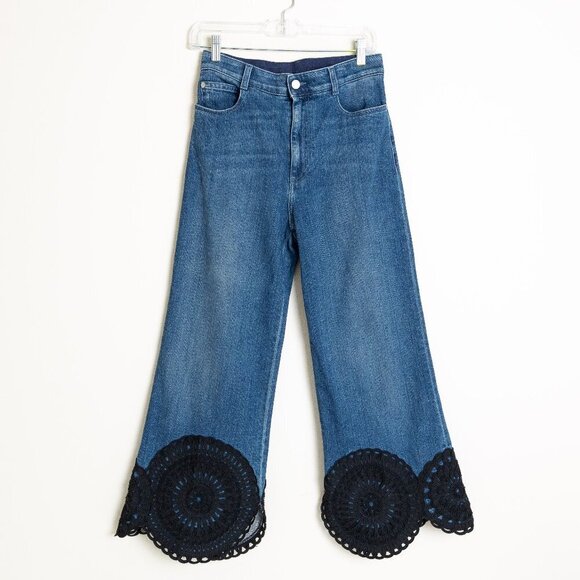 Stella McCartney Lace Hem Cropped Wide Leg Jeans Medium Wash Size 28 - Picture 2 of 14